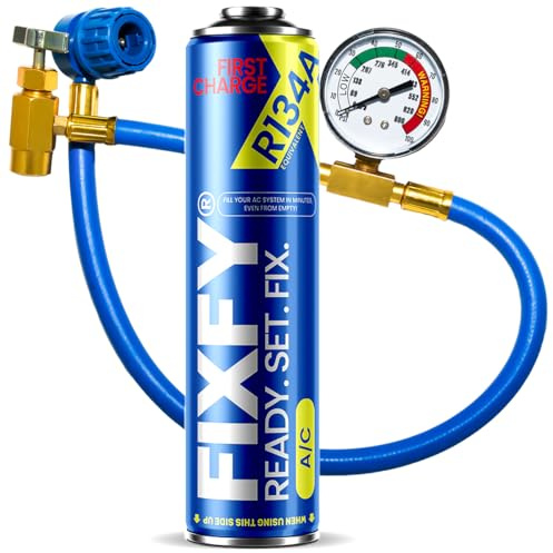 FIXFY FIRST CHARGE – Erstbefüllung – 2in1-Präparat mit R134a-Ersatz und hohem Ölanteil – Set mit Schlauch und Manometer, 500 ml Dose, zur Selbstbefüllung leerer Klimaanlagen