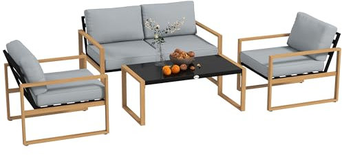 Outsunny Set Salotto da Giardino da 4 Pezzi in Alluminio, Set di Mobili con Divanetto da Esterno a 2 Posti, 2 Poltrone e Tavolo da Caffè in Vetro e Cuscini Sfoderabili, Grigio Carbone/Color Legno