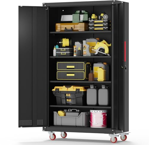 Eltean Metal Garage Cabinets with Wheels| 71 Steel Lockable Garage Storage Cabinet with 4 Adjustable Shelves, Heavy-Duty Tool Storage Cabinet for Home, Basement, Workshop (Black)