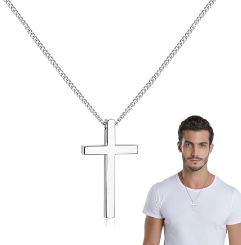 MKEAWWU Collar Cruz Cruz Cadena Acero Inoxidable Plateada Colgante Cruz Collar Cadena De Plata Hombre Mujer