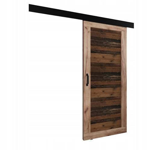 KIER FURNITURE Schiebetür Komplettset - Tür mit Laufschiene - Schiebetürsystem - Raumspartür - Innentüren - Sliding Door Set - Links & Rechts - Eiche Craft & Old Style - Breite 86 cm