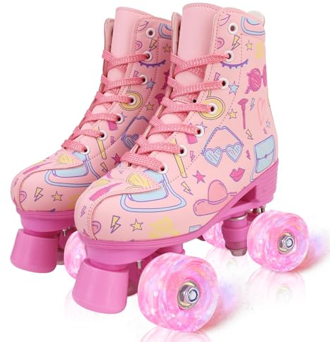XUDREZ Roller Skates for Girls Light Up Kids Roller Skate Double Row High Top Pink Graffiti Roller Derby Skates Quad Skates Shoes
