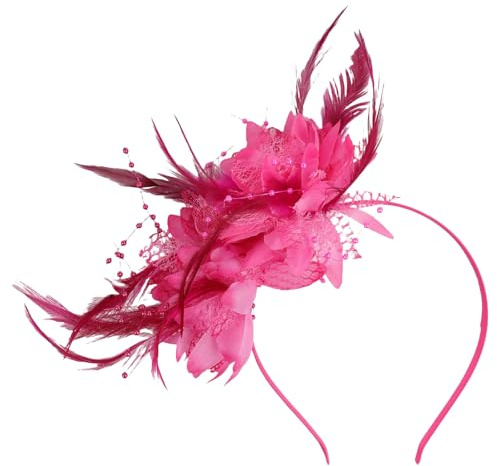 GWAWG Haarreif mit Federn und künstlichen Blumen, 1920er Jahre Damen-Fascinator Kopfschmuck, Stirnband für Karneval Cocktailparty Hochzeit Teeparty Vintage Accessoires (rosa rot, Einheitsgröße)