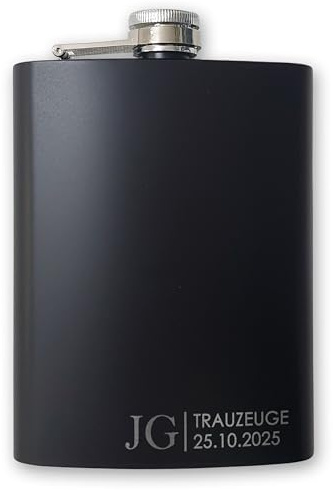 FEENSTAUB Flachmann mit Gravur, personalisiert mit Initialen, Wunschtitel und Datum, Trauzeuge Geschenk JGA, hochwertiger Flachmann aus Edelstahl, Idee Trauzeugen fragen, Taschenflasche 235ml