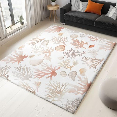 Générique Tapis Moelleux Lavable en Machine 60 x 90 cm Style Moderne Vie Marine Moquette Descente de Lit, Tapis à Poils Courts Corail Coquillage Vie sous Marine pour Salon Chambre à Coucher Salon