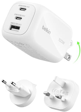 Belkin Chargeur Secteur GaN 3 Ports USB-C 100 W, 2 Ports USB-C et 1 Port USB-A, Fiches électriques UE/R.-U. / É.-U., pour MacBook, iPhone, iPad Pro, Samsung Galaxy, Google Pixel, etc - Blanc