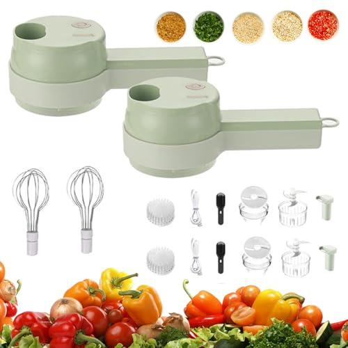 4 in 1 Multi-Functional Portable Electric Vegetable Cutter Set, egetable Processor Chop Whisk Clean Recharge, Portable Food Processor with Brush, for Garlic Chili Onion Ginger Celery Meat (2PCS)