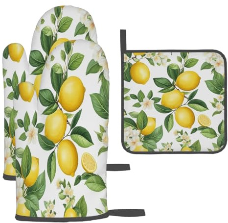 Mexpekil Potholders and Oven Gloves Heat Resistant, Cute Lemons Flower Leaves Kitchen Glove and Heat Mats 3-Piece Set, Insulated Oven Mitts for Kitchen, Baking, Cooking