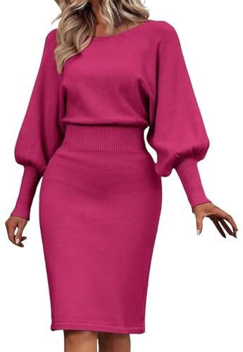 Generisch Robe en maille pour femmes avec manches ballon volumineuses - Robe fourreau moulante avec une élégante apparence en deux pièces | Robe midi à longueur genou avec une large taille, XL