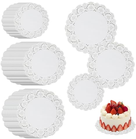 Rbleote 600 Pièces Dentelle Gâteau Papier,3 Tailles Napperon Papier Dentelle,pour Usage Culinaire Napperon,Convient pour Les Buffets,Anniversaires,Mariages,Fêtes, Gâteaux,Blanc (9 CM,11,5 CM,14 CM)