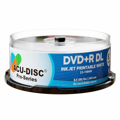 Acu-Disc DVD+R DL 8.5GB 240min 8x Dual Layer – White Inkjet Printable Blank Discs, Full-Face Hub Printable, Double Layer Recordable Media for Duplication & Video Production (50)