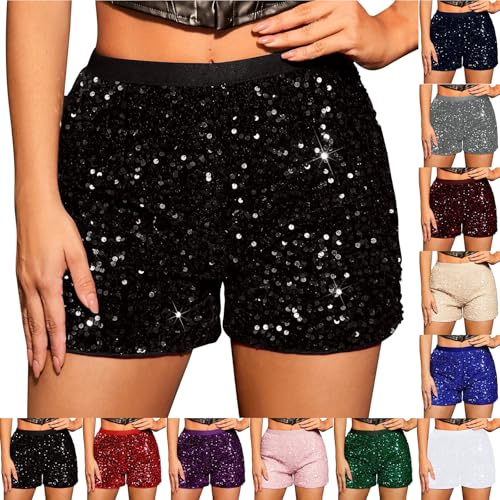 Generisch Glitzer Shorts Damen Pailletten Hose Hoher Taille, Elastische Paillettenshorts Sexy Glitzer Shorts Mini Short Festival Outfit Rave Clubwear Freizeitshort Glänzend Kurz Hose Silvester Outfit