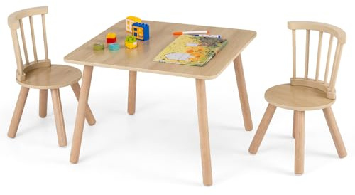 COSTWAY Kinder Tisch Stuhl Set, Kindersitzgruppe mit geschwungenen Spindel-Rückenlehnen, Kindertisch aus Kiefernholz, Maltisch Aktivitätstisch für Kinder ab 3 Jahren (Natur)