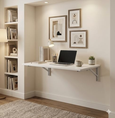 Amveya Wandklapptisch 100x60 cm Weiß Klapptisch Wandmontage Klappbarer Wandschreibtisch Wandtisch Schreibtisch Wand Platzsparender für Küche Esszimmer Wohnzimmer Schlafzimmer Büro Waschküche Flur