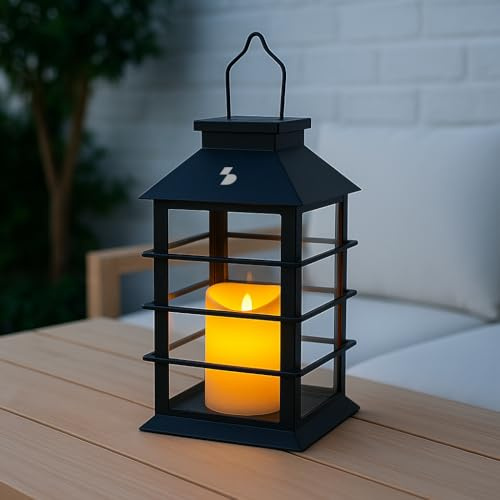 BEPER P207ILO303 Lanterna Solare con Candela LED Effetto Fiamma, Lampada Solare da Esterno con Gancio, Accensione Automatica, Luce Calda Tremolante, IP44 per Giardino e Balcone