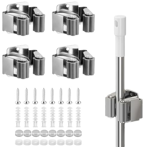 Ruayia 4Pcs Mop Broom Holder, Non-slip Silicone Gear Broom Grab Bracket,Stainless Steel Wall Mounted Heavy Duty Tool Hook Brush Storage Organiser for Bathroom Kitchen Garden Closet Garage