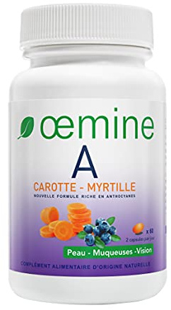 Oemine Vitamine A 60 Gélules - Concentré de Carottes et Myrtilles - Complément Alimentaire Vegan - Pour Adulte & Femme Enceinte - Bienfaits pour La Vision et La Peau