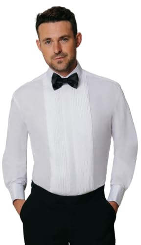 Dobell Mens White Tuxedo Dress Shirt Regular Fit Standard Collar Double Cuff Pleated Fly Front