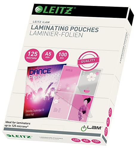 Leitz Varmlamineringsfolier A5 125 mic, högkvalitativa lamineringsfilmer i 100-pack, med rundade hörn, transparent, glänsande, för användning hemma eller på kontoret, 33807