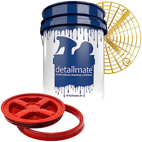 Detailmate Professional Car Cleaning Set Grit Guard Wash Bucket 5 Gal (20 Litres)/Gamma Seal Bin Lid/Tray/Wash Board, Einsatz Gelb, Deckel rot