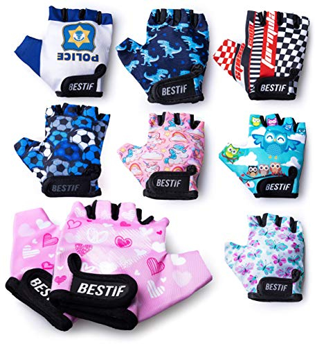 BESTIF Kinder Fahrradhandschuhe für Jungen und Mädchen Fingerlose Radhandschuhe Halbfinger | Klettverschluss | Gel Polsterung (Racing, XXS/XS)