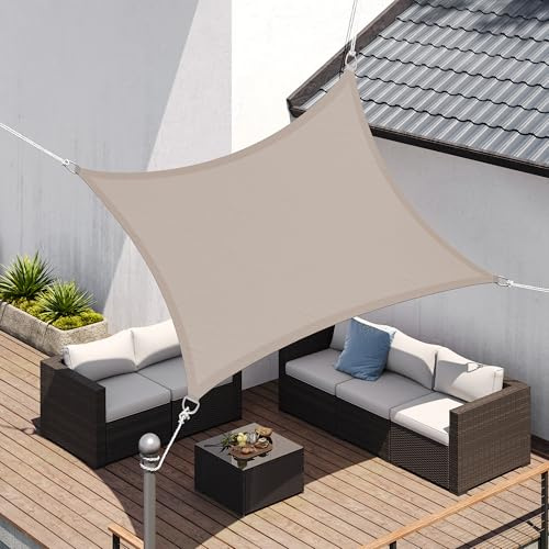 SONGMICS Vela de Sombra de 2 x 3 m, Impermeable con Columna de Agua de 665 mm, Protección Solar, Protección UV 93%, Terraza, Jardín, Balcón, Rectangular, Cuerdas de 2 m, Topo GSH23TP