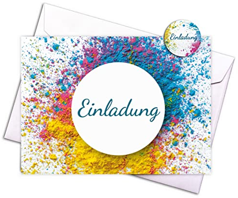 15 Einladungskarten & 15 Umschläge & 15 Aufkleber Holi – bunte Klappkarten im Qualitätsdruck als Set für Geburtstag, Feier, Party, für besondere Anlässe.