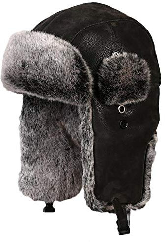 Cozomiz Kunstleder Wintermütze Warme Fliegermütze with Ohrenschützer für Herren Damen Fellmütze Kunstfell Russenmütze Pilotenmütze Hut Trappermütze für Ski Outdoor Schwarz mit Grau Kunstpelz Small