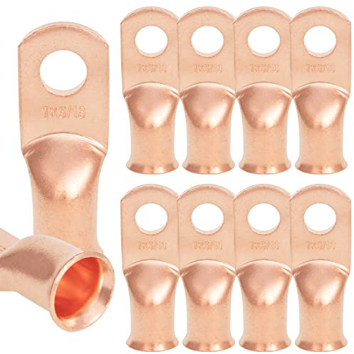 NEKIEX 10PCS 1AWG - 5/16''Stud Heavy Duty Copper Terminals,Battery Cable Crimp Lugs,Battery Cable Ends,Bare Copper Eyelets Tubular Ring Terminals,Closed End Crimp Electric Connectors