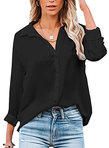 NONSAR Blusa para Mujer de Manga Larga y, Cuello de Pico, con Botones, Elegante, Informal, para Trabajo, Camisa de Manga Larga, Negro, M