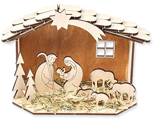 matches21 HOME & HOBBY Krippenspiel DIY Holz Bastelset für Kinder ab 5 Jahren als Steckbausatz mit Stall, Figuren & Schindeln