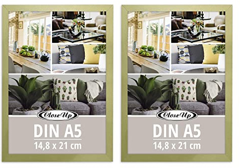 Close Up Bilderrahmen 2er Set DIN A5 (14,8 x 21 cm) | Holzdekor (MDF) Gold mit Rückwand und Aufsteller | PVC-Scheibe (unzerbrechlich) Profilbreite 15 mm