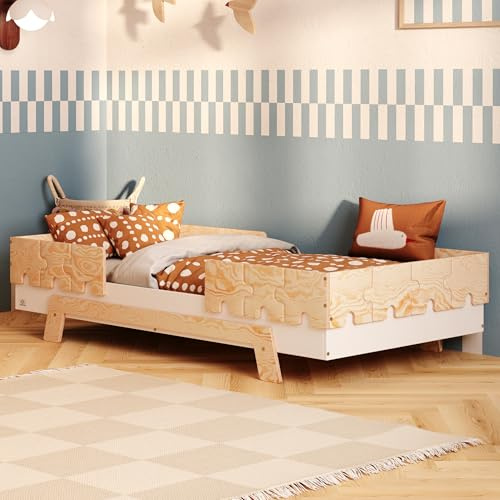 smartwood Kinderbett 90x200 cm 6in1 - Montessori Bett aus Naturholz in Weiß mit Rausfallschutz & Lattenrost bis 230 kg - Kinderbett ab 3 Jahre für Kinder - FSC-Zertifiziert - Puzzle BR2