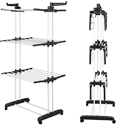 MINGYI Séchoir à Linge sur Pied, 3 Niveaux, Étendoir à Linge avec Ailes Pliable, Acier Inoxydable et Plastique, Séchoir à Vêtements pour Intérieur et Extérieur (75×49×170 cm Noir-Blanc)