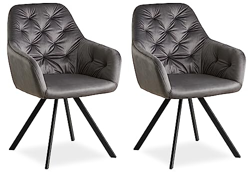 Homestyle4u 2351, Esszimmerstühle 2er Set drehbar mit Armlehnen Drehstühle Esstisch Polsterstühle Grau Samt Küchenstühle
