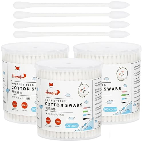 HOMEFOX Cotton Swabs Precision Pointed - 600 Count Pointy Organic Cotton Buds Double Side Tightly Wrapped Cotton Tips Paper Stick Soft Gentle Lint-Free Cruelty-Free, Pointy & Round (White)