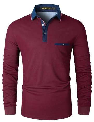 KUNJLELP Poloshirt Herren Langarm, T Shirts Männer, Hemd Herren Kontrastfarbiges Spleißen T-Shirt Golf Polo Shirt,Rot,XL