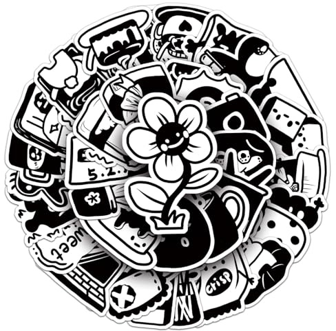 Affoto Artmic Black and White Cartoon Stickers (50 PCS), Waterproof Vinyl for Smooth Surface, Gift for Children Teens Adults