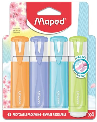 Maped - 4 evidenziatori pastello - punta smussata - evidenziatori a lunga durata per uso scolastico e professionale - arancione, viola, blu e verde pastello