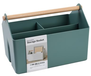 BLUE GINKGO Mittelgroße Aufbewahrungskiste – Kunststoff-Caddy mit Holzgriff für Büro, Bastelbedarf oder Haushaltsartikel (Grün)