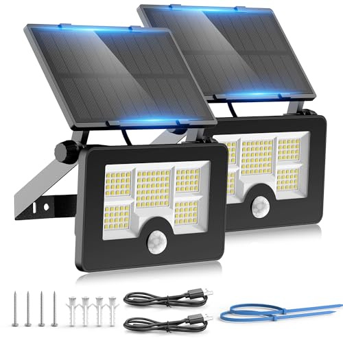 Luce Solare LED Esterno, 4 Modos Faretti Solari da Esterni con Sensore di Movimento, 2200 mAh Lampada di Sicurezza con USB, 122 LED IP65 impermeabili Lampioni Luci Solari da Giardino Parete【2 Pezzi】
