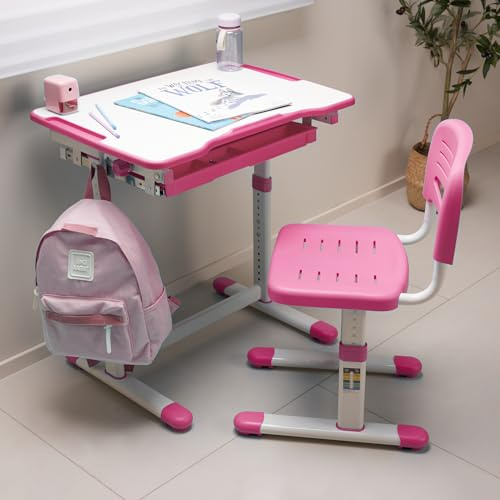 [en.casa] Kinderschreibtischset Sala Schülerschreibtisch 2-TLG. Jugendschreibtisch höhenverstellbar Kindertisch mit Stuhl neigbare Tischplatte Lerntisch mit Schublade Pink