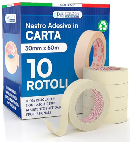 DNK TRADE Nastro di Carta - 10 Rotoli di Nastro da Imbianchini 30mm x 50m - Carta Gommata Professionale 30x50 Riciclabile per Mascheratura Pittura e Imbiancatura