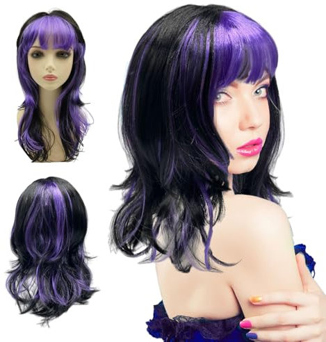 UILYNIU PERRUQUE DE SORCIÈRE VIOLETTE ET NOIRE - LONGUE PERRUQUE BOUClée POUR FEMME - ACCESSOIRE DE COSTUME D'Halloween