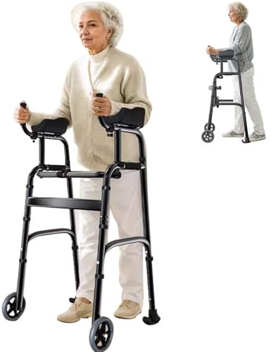 Joyfitness Klappbarer Gehwagen, höhenverstellbar, klappbares leichtes Aluminium-Gehgestell mit abnehmbaren Armlehnen und Toiletteneimer, klappbarer Standard-Gehwagen