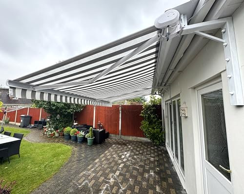 Full Cassette Retractable Electic Awning– Motorised Remote Control, LED Lighting, Weatherproof UV Protection Fabric | Outdoor Patio, Garden, Shop, or Balcony Shade Canopy (White Frame, 6m x 2m)