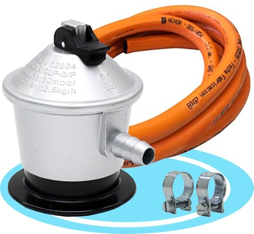 FlashPrix Butan-Gasregler, LPG und Propan, 30 mbar, silberfarben, Butangasschlauch von 1,5 m + 2 Klemmen