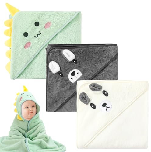 Kaisibum 3 Stück Baby Handtuch mit Kapuze - Korallenplüsch Badetuch 80 x 80 cm für Unisex(Grün + Grau + Weiß)