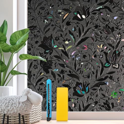 Zindoo Verdunkelungsfolie Fensterfolie 3D Tulpenmuster 90x200cm | Lichtdichtes 3D-Tulpenmuster, statisch haftend ohne Kleber, zuverlässiger Sichtschutz für Schlafzimmer, Büro und Türen
