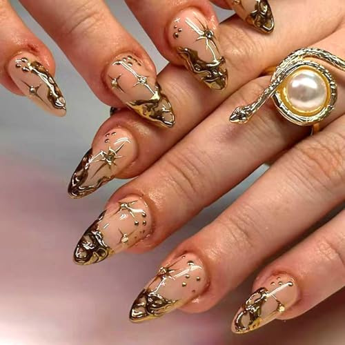Yamobi 24pcs Golden French Tip Press On Nails, Short Almond Shape, ABS Material, False Nails, Full Cover Nails, 3D Gold Irregularities